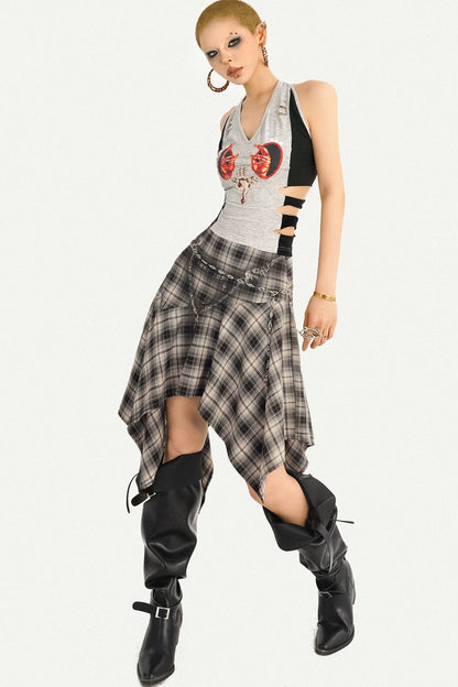 Retro Asymmetrical Plaid Midi Skirt