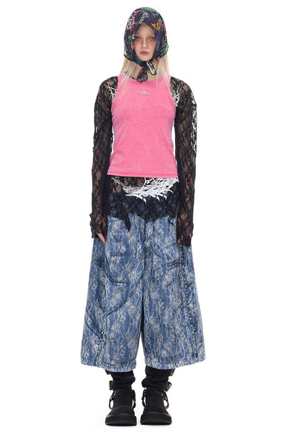 Rivet Structure Lace Denim Wide Leg Shorts