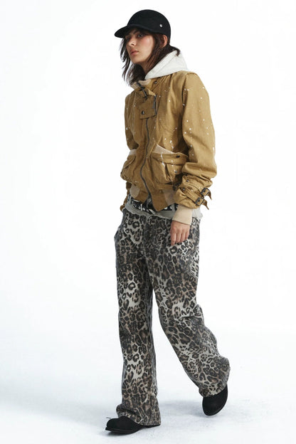 Leopard Print Double-Waistband Wide-Leg Jeans