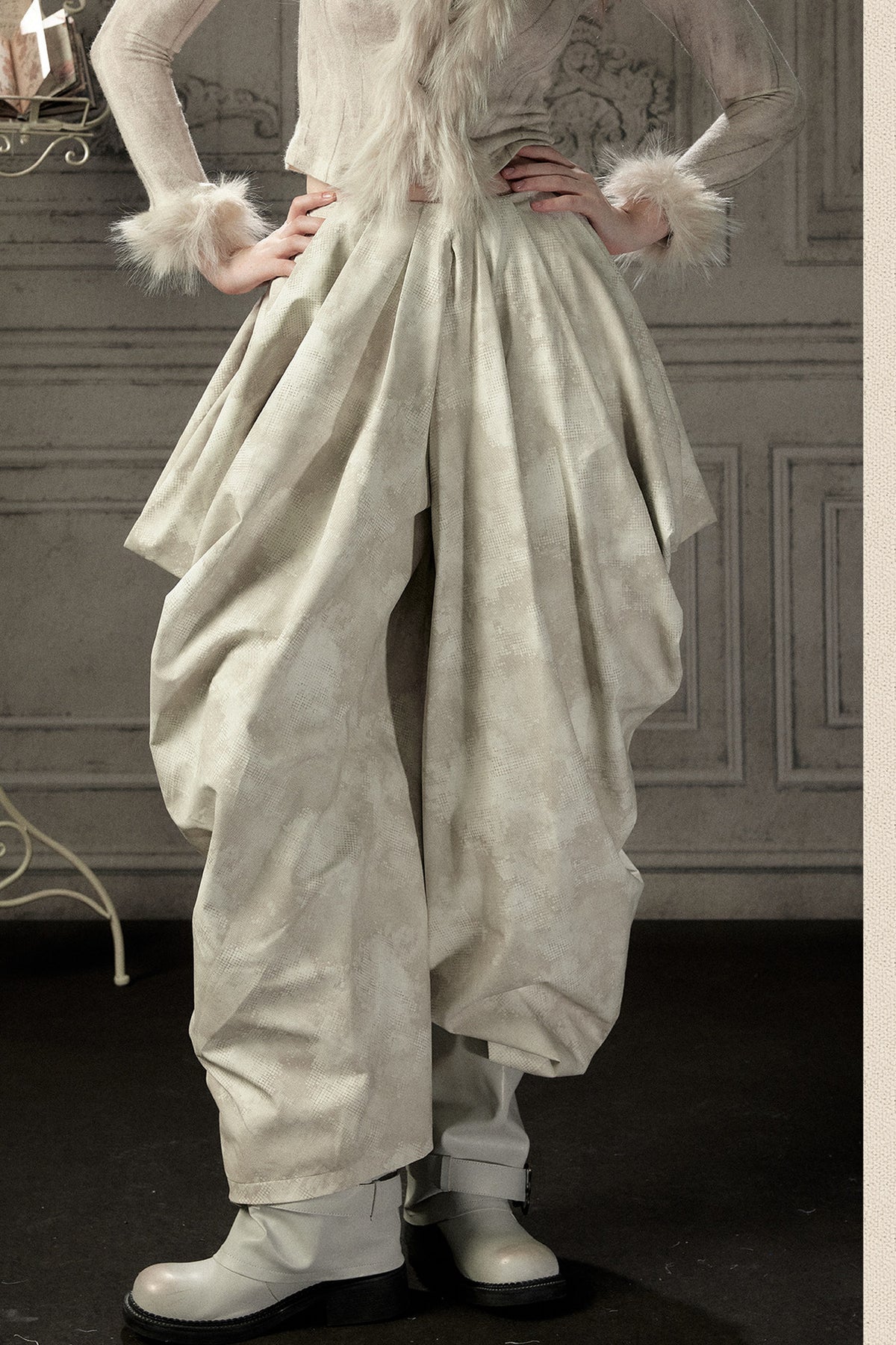 Beige Asymmetrical Stacked Long Pants