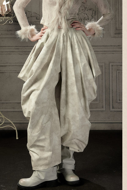Beige Asymmetrical Stacked Long Pants