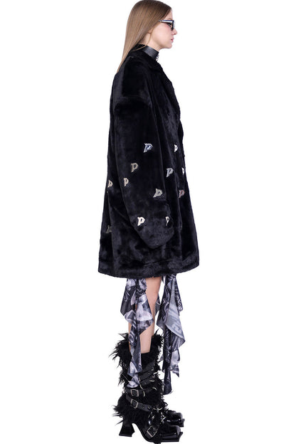 Letter Quilted Shoulder Pads Genderless Black Fur Jacket