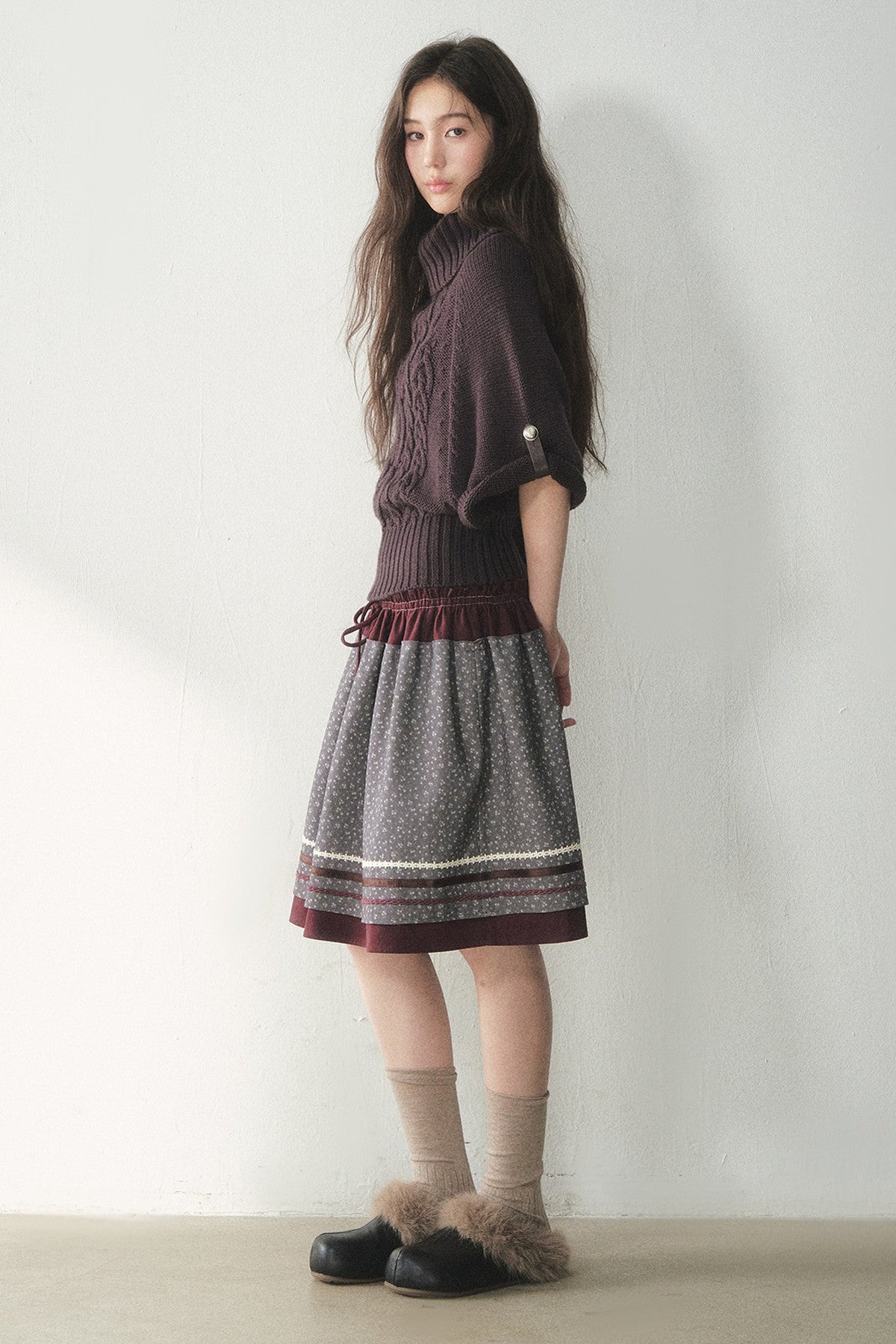 Berry Purple High-Neck Wool Knit Cape
