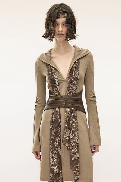 Layered Leather Scarf Hooded Dress