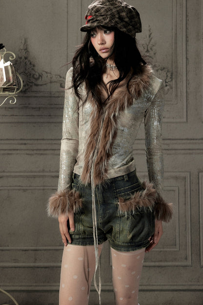 Fur Collar V-Neck Long-Sleeve T-Shirt
