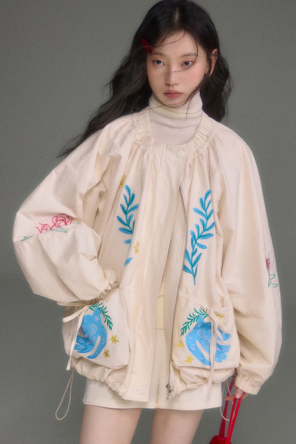 Loose Birds Olive Floral Embroidered Drawstring Jacket