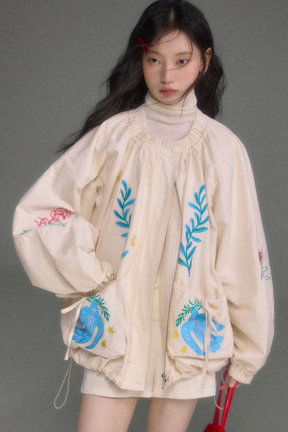 Loose Birds Olive Floral Embroidered Drawstring Jacket