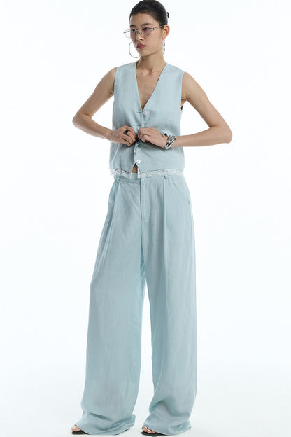 Mint Green Lyocell Cotton Linen Lace Vest and Pants Set-Up