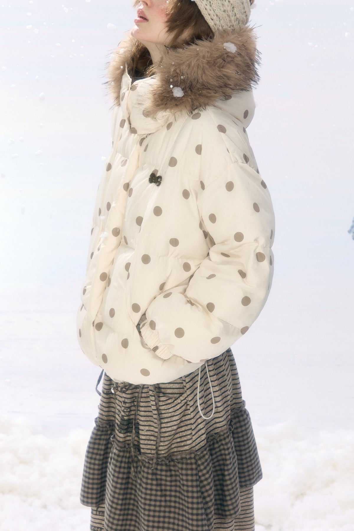 Polka Dot Fur Collar Hooded Down Jacket