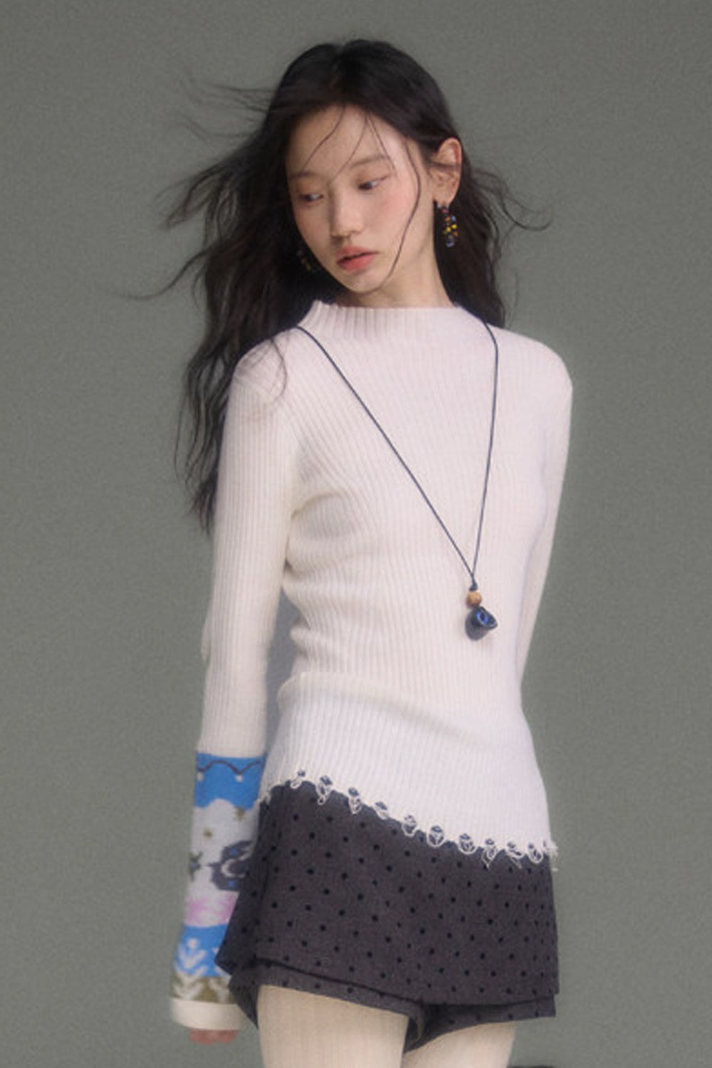Wool Blend Bird Jacquard Knit Top