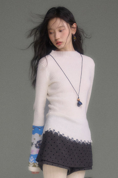 Wool Blend Bird Jacquard Knit Top
