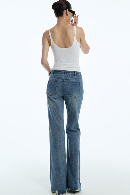 Frayed Hem Washed Blue Rhinestone Micro-Flared Jeans