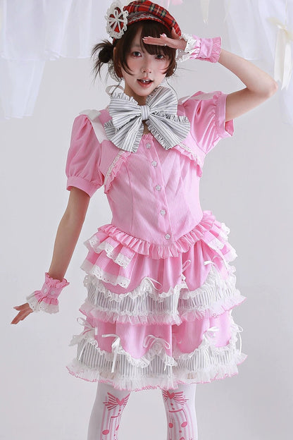 Pink Showa Retro Striped Top