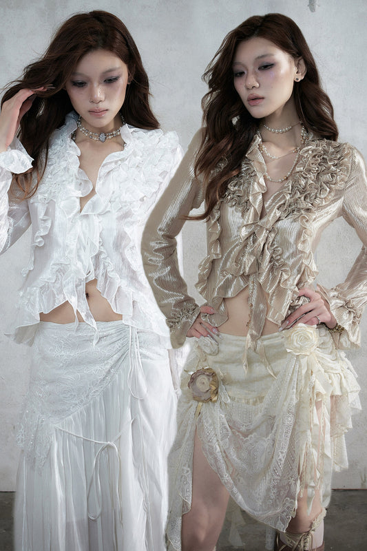 Ruffle Trim Tie Waist Long-Sleeved Blouse