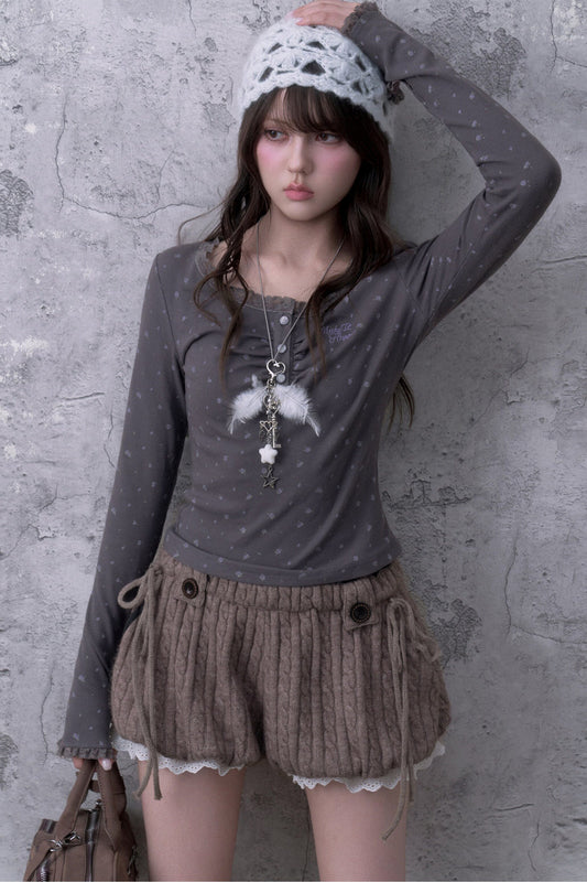 Gray Purple Lace Henley T-shirt