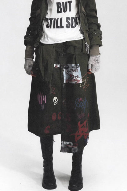 Irregular Graffiti Print Denim Skirt
