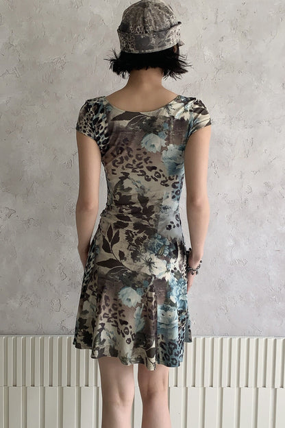 Sea Blue Leopard Floral Lace Dress