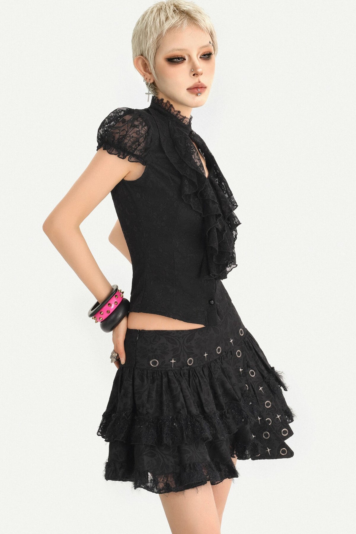 Dark Style Lace Stand Collar Top