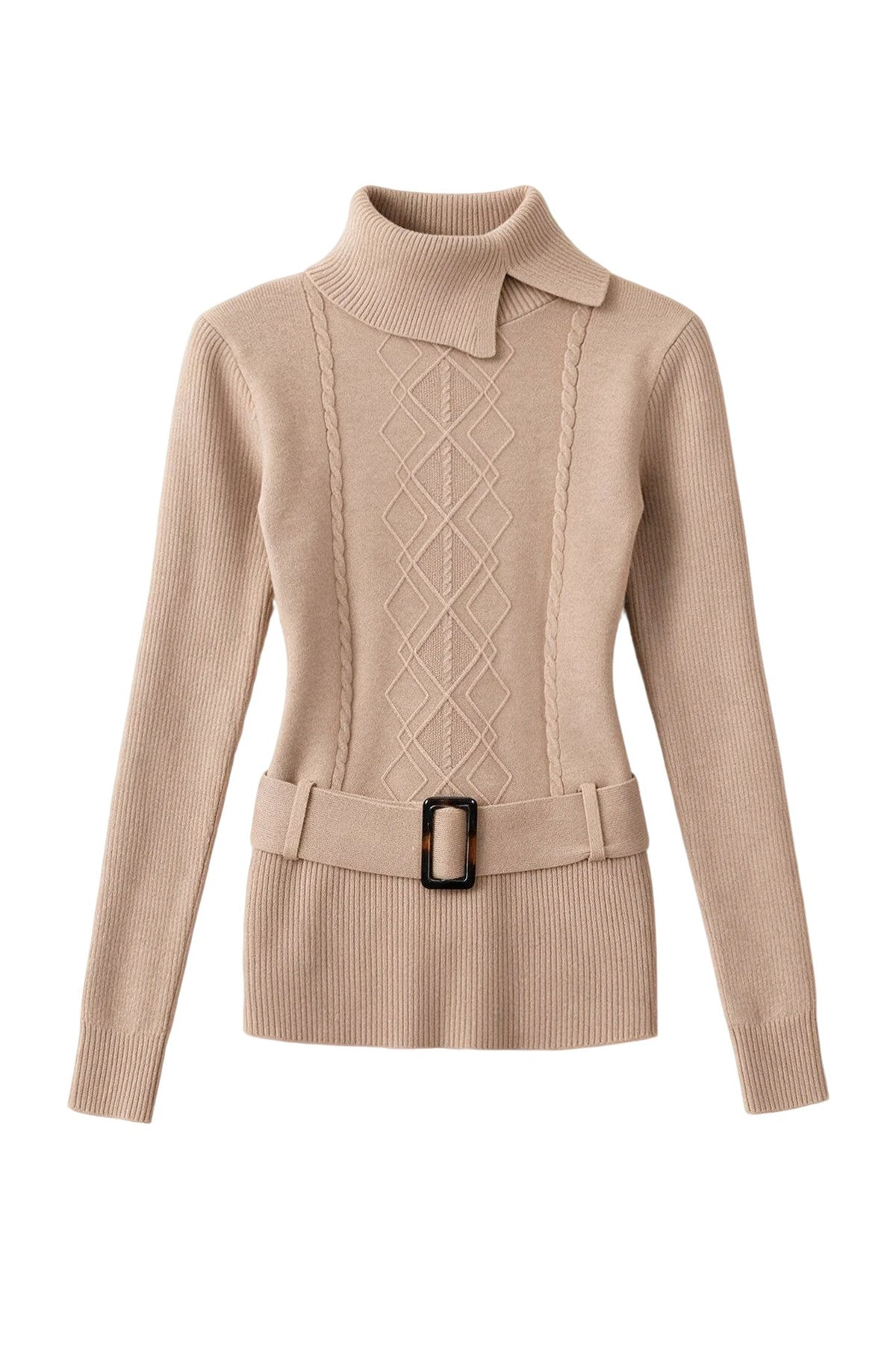 Retro High-Neck Belted Cable Knit Sweater