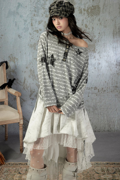 Striped Off-Shoulder Long-Sleeve T-Shirt