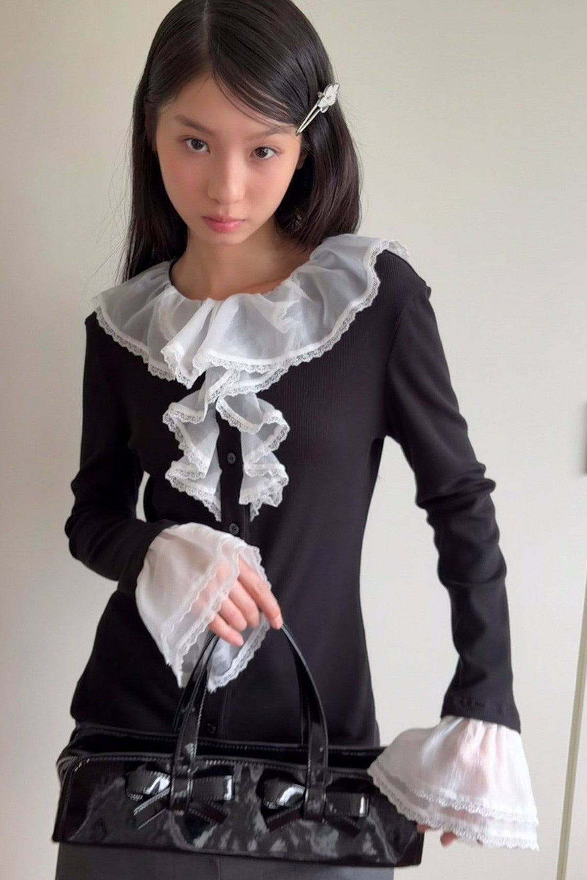 Lace Patchwork Ruffle Sleeve Cardigan