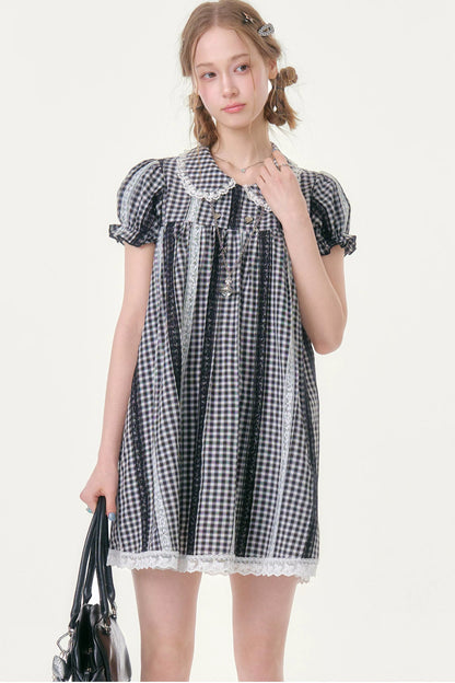 Retro Plaid Lace Puff Sleeve Dress