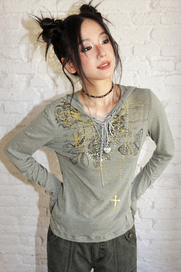 Vintage Floral Print Hooded Tie-Up T-Shirt