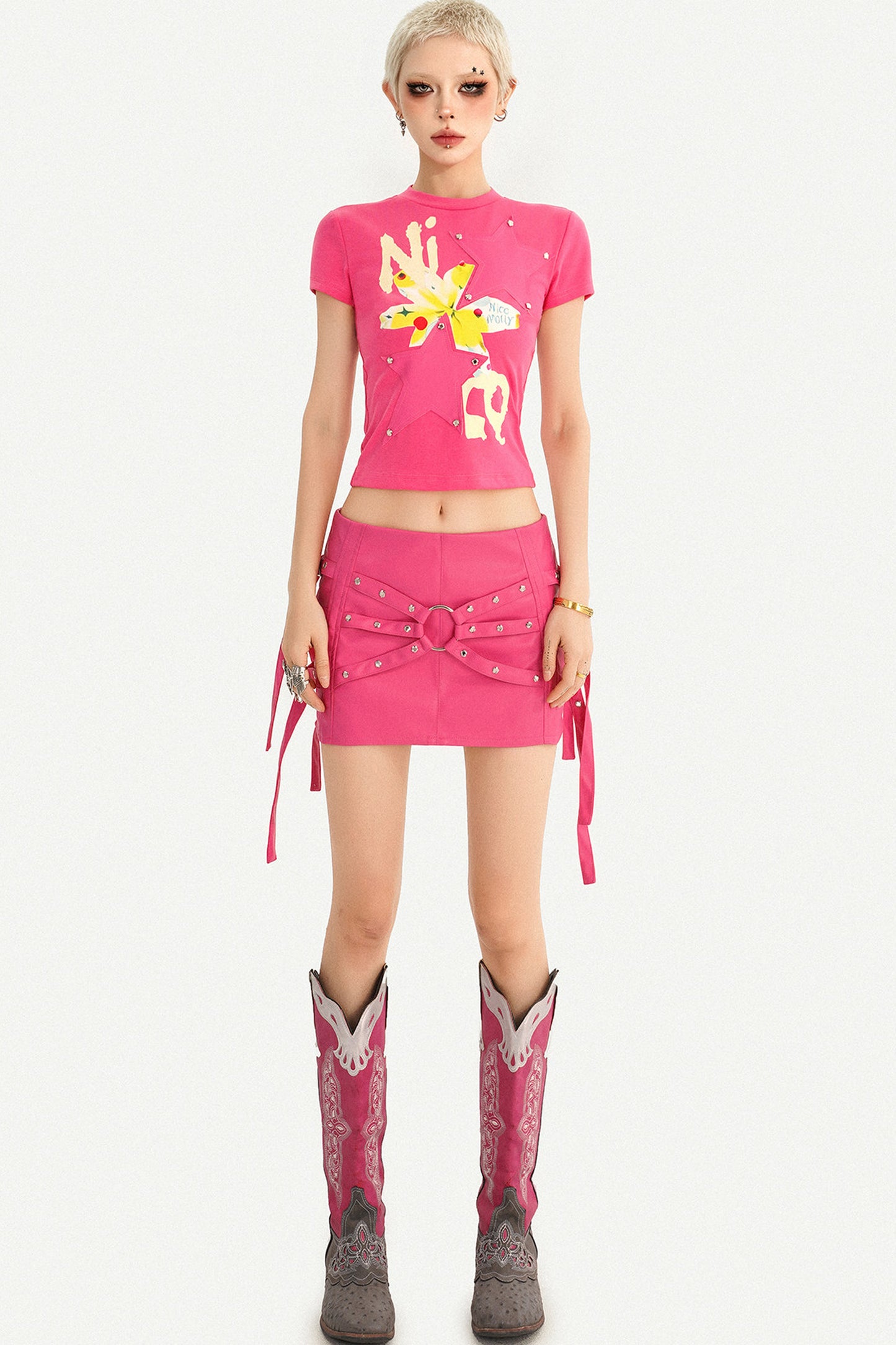 Studded Print Short Sleeve T-Shirt and Skirt Set-Up