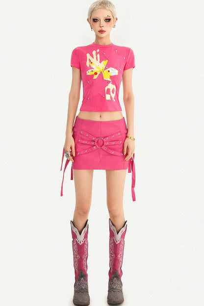 Studded Print Short Sleeve T-Shirt and Skirt Set-Up