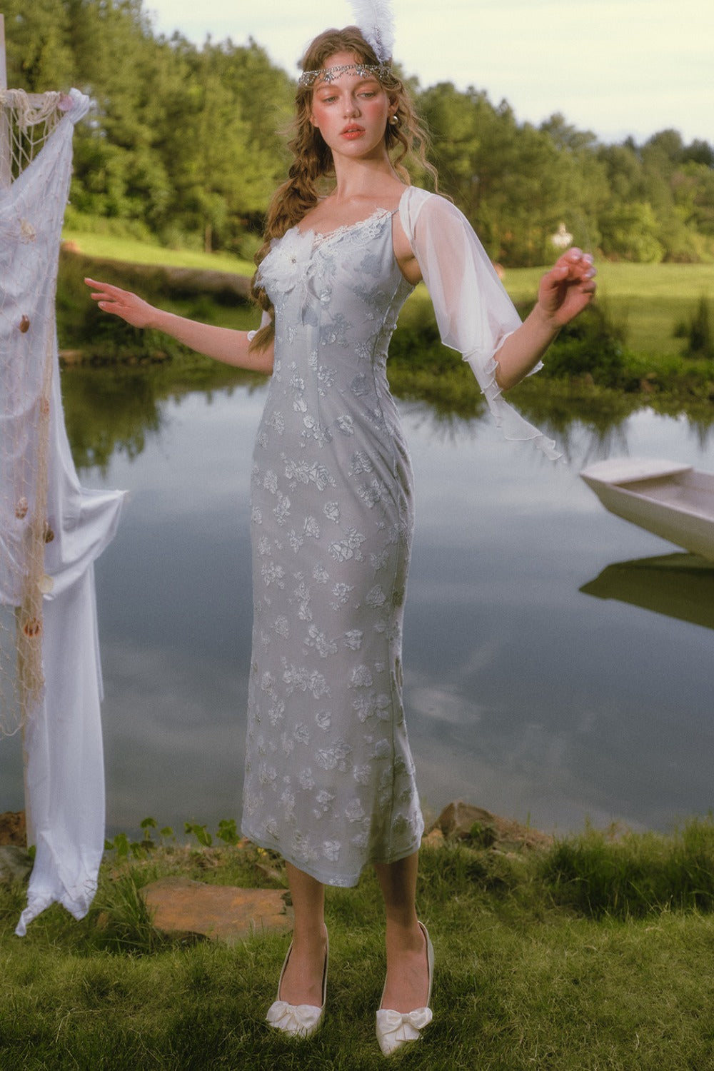 Little Swan Floral Fishtail Dress Shawl Set-Up