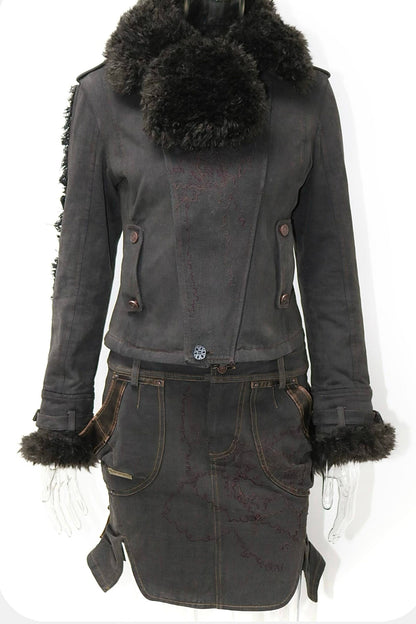 Set aus Jacke mit Used-Optik und Pelzkragen und kurzem Rock
