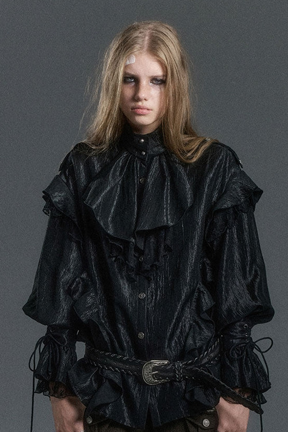 High Collar Ruffle Acetate Shirt
