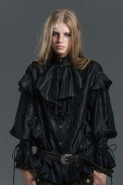 High Collar Ruffle Acetate Shirt
