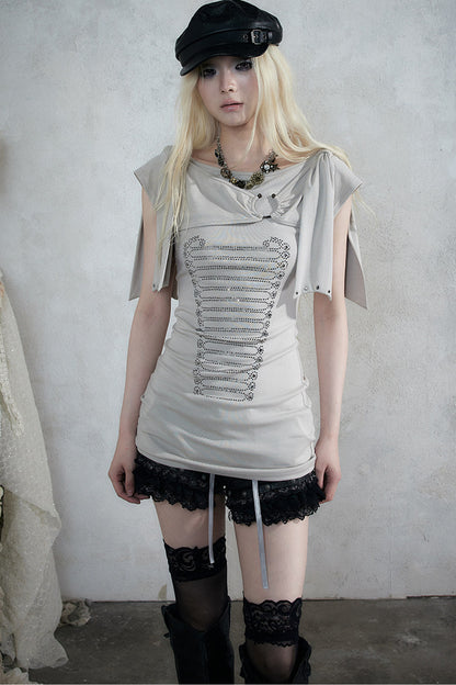 Rhinestone Corset Short-Sleeve Knit Dress