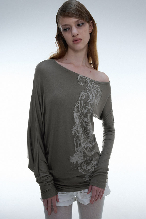 Hot-Stamped Asymmetrical Off-Shoulder Batwing Top