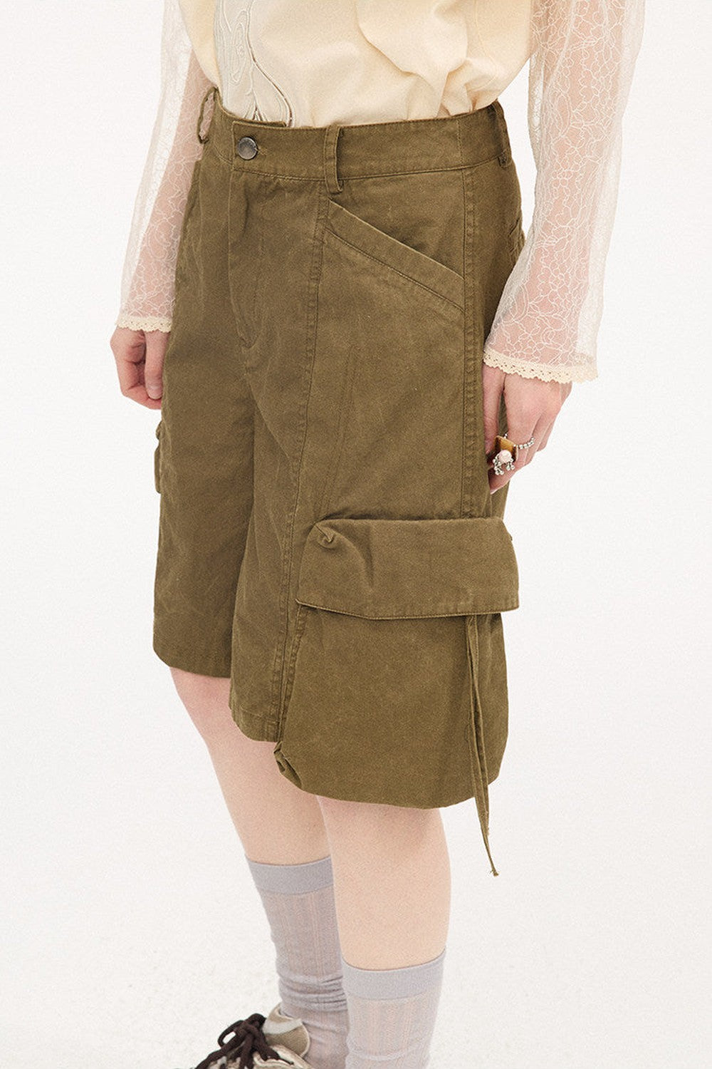 Khaki Washed Multi-Pocket Shorts
