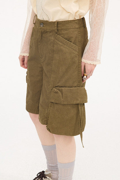 Khaki Washed Multi-Pocket Shorts