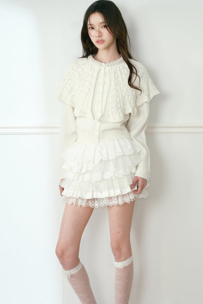White Pearl Collar Cape Shawl Knit Sweater