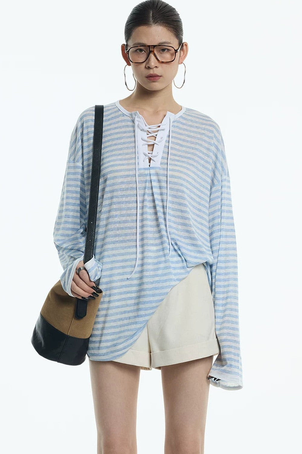 Navy Blue Tie-Neck Lyocell Top