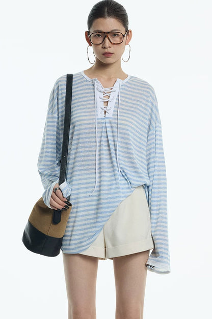 Navy Blue Tie-Neck Lyocell Top