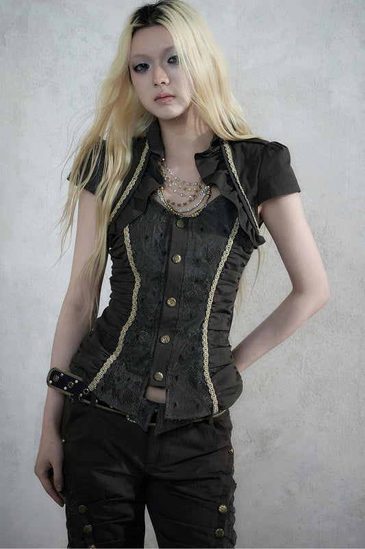 Lace Patchwork Ruched Layered-Look Shirt