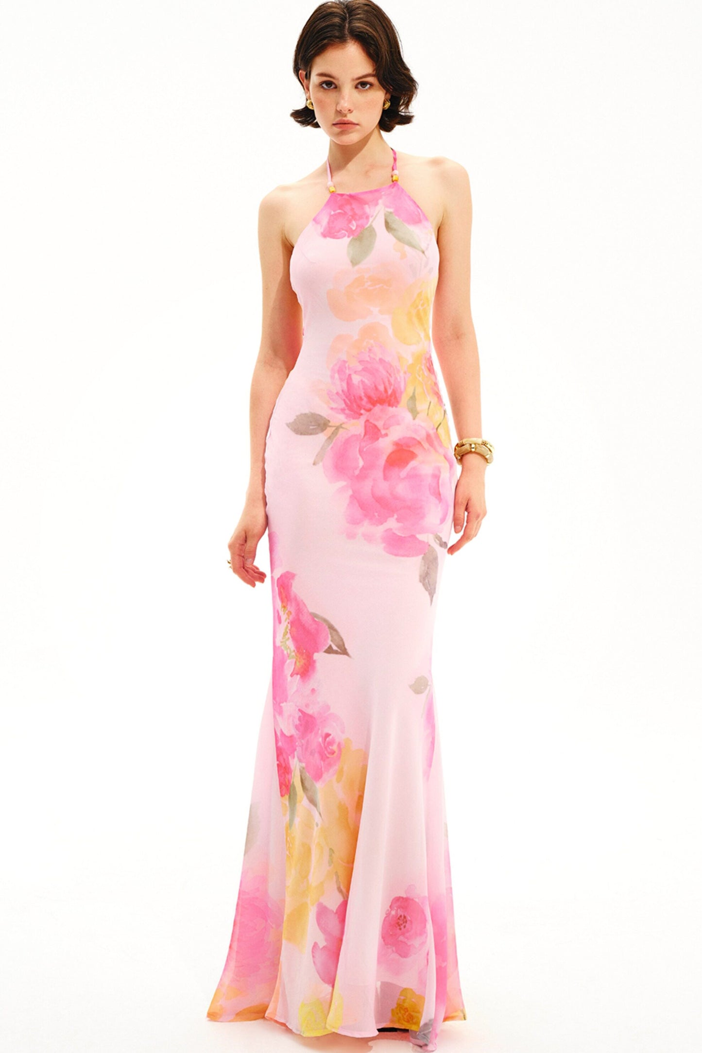 Watercolor Floral Halter Maxi Dress