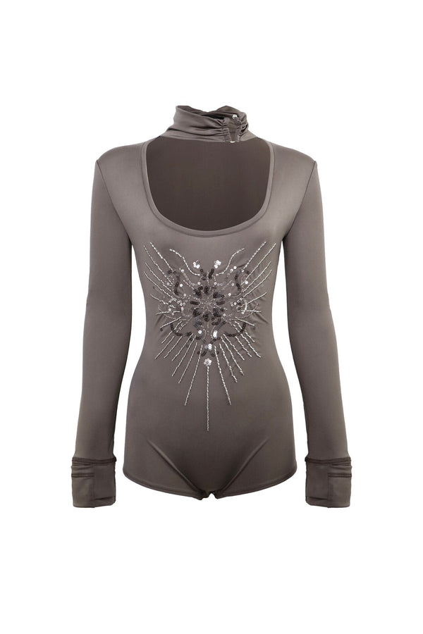 Sequin Embroidered Low-Neck Bodysuit