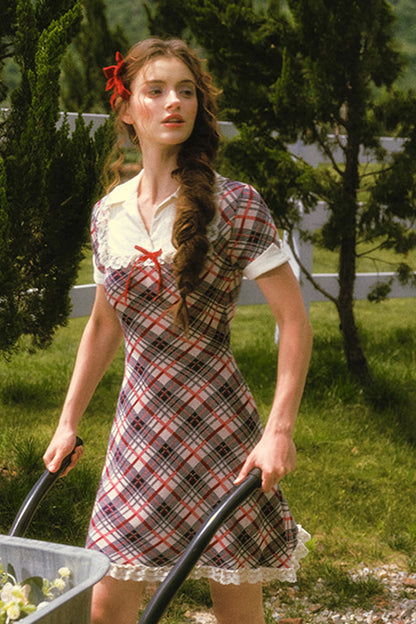 Plaid Contrast Lapel Dress