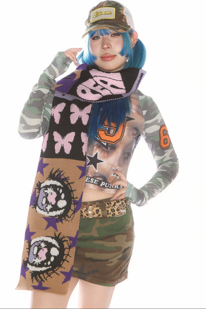Comic Eye Knitted Long Scarf Set-Up