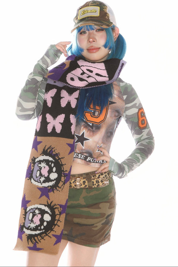 Comic Eye Knitted Long Scarf Set-Up