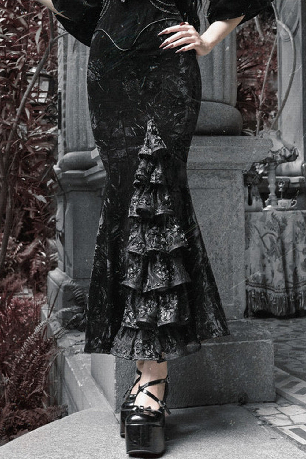 Burgundy Velvet Strapless Fishtail Dress Set-Up