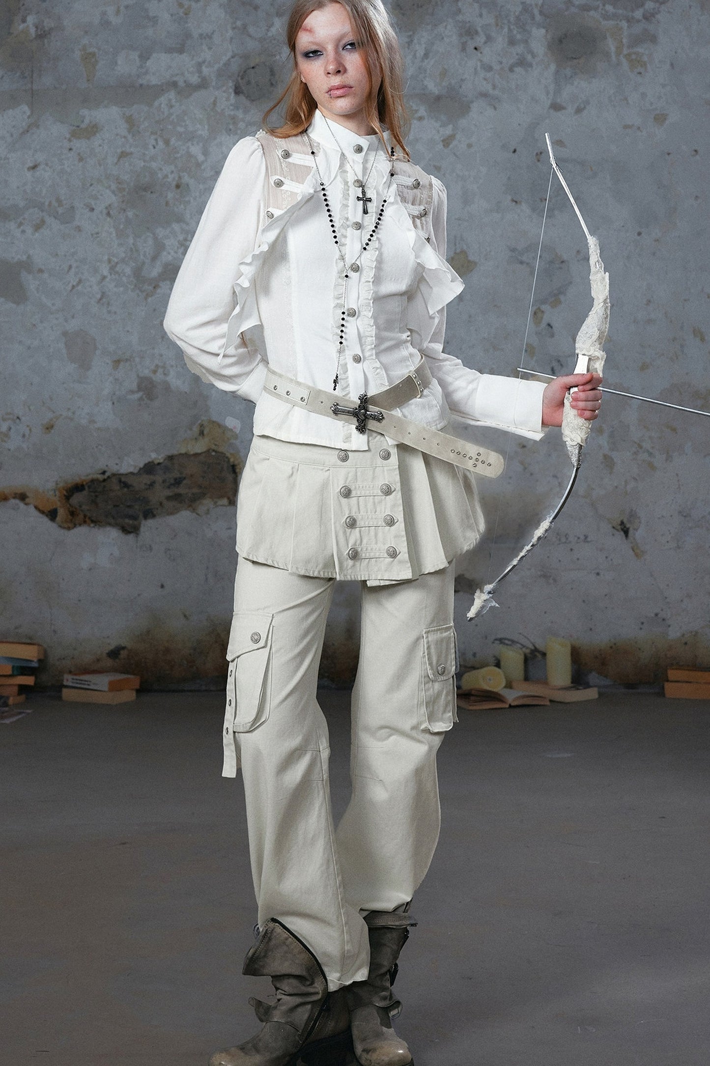 Pleated Skirt Panel Straight-Leg Flared Workwear Pants