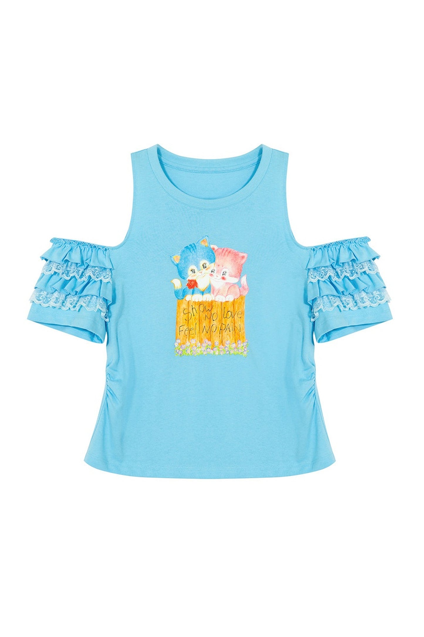 Tee-shirt en dentelle à épaules dénudées chaton bleu