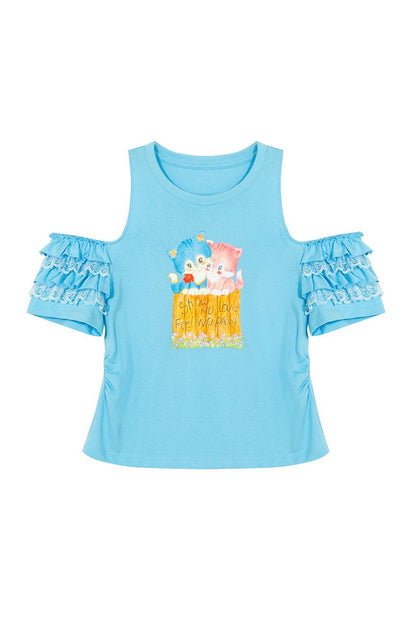 Tee-shirt en dentelle à épaules dénudées chaton bleu